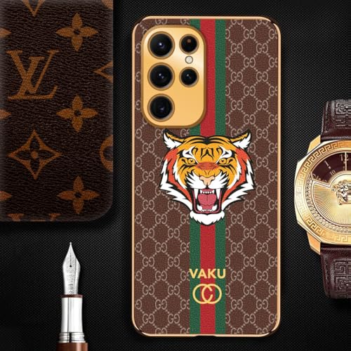 Image of Vaku Luxos Lynx Design Back Cover for Samsung Galaxy S23 Ultra with Leather Pattern Gold Electroplated Soft TPU Cover Shockproof Protective Case - Brown