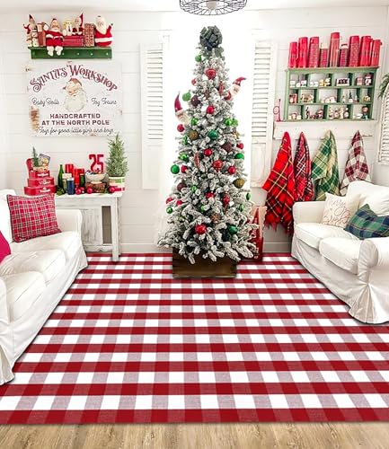 Ckorzen Christmas Area Rug, 8' x 10' Red Plaid Rug Indoor Outdoor Reversible Hand-Woven Washable Lattice Checkered Rug for Kitchen, Dining Room, Bedroom, Living Room