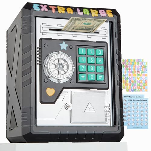 Large ATM Piggy Bank for Kids Electronic Bank with Password Lock, Safe Coin Bank for Boys and Girls Cash Savings Box for Children, Black