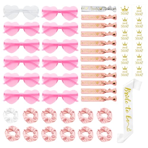 JGA Bracelets élastiques pour mariée pour enterrement de vie de jeune fille + 12 lunettes en forme de cœur + 12 élastiques à cheveux + 12 bracelets roses