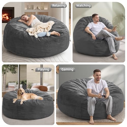 Image of Hobestluk Adults Bean Bag Chair 5FT Big BeanBag Chair Giant Large Oversized | Memory Foam,Washable Cover,Side Pocket,Handle,Lightweight Round Dorm Chair Large Adult Bean Bag Study Room Gaming | Grey 5FT