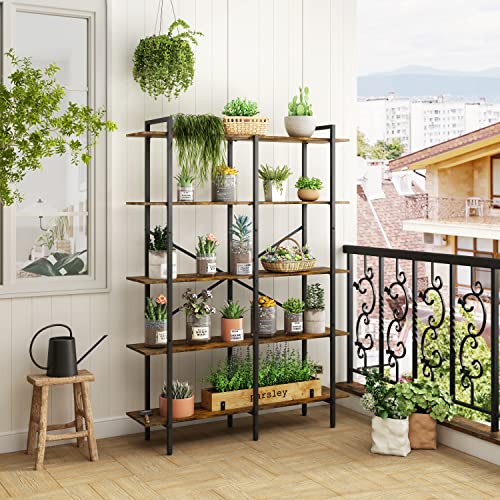 Hoctieon Double Wide 5 Tier Bookshelf, Rustic Open Etagere Bookcase, Vintage Industrial Large Bookshelves, Display Shelves With Metal Frame, For Home Office Decor Display, Rustic Brown #TOP3