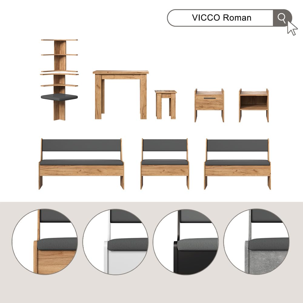 Vicco Banco de Comedor Roman, Negro, 41.5 x 136.6 cm, Apto para soluciones de Esquina Que ahorran Espacio en el Comedor