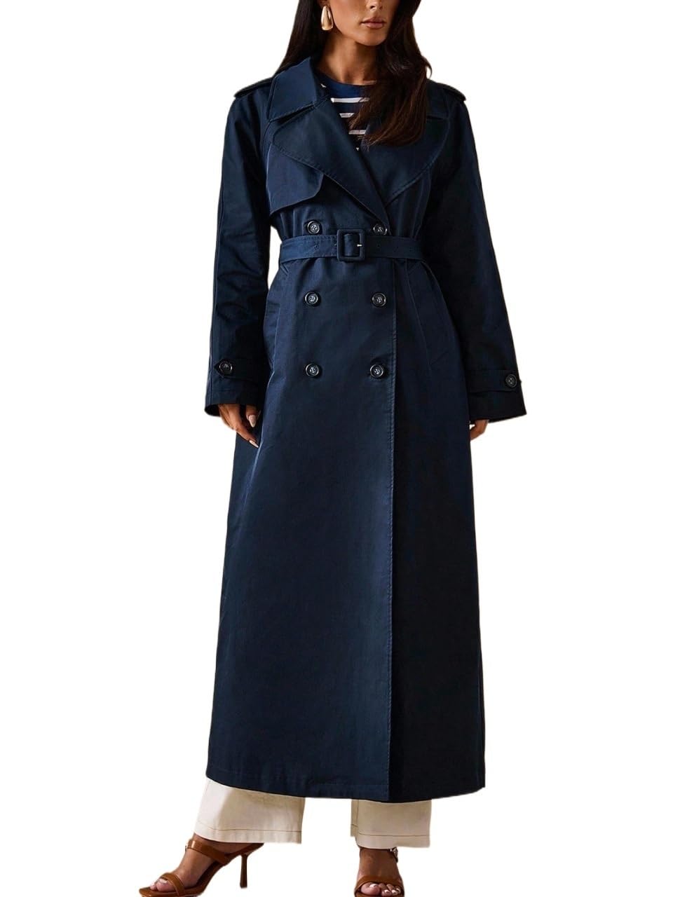 Womens 2025 Fashion Fall Trench Coat Casual Solid Color Double Breasted Long Trench Coat