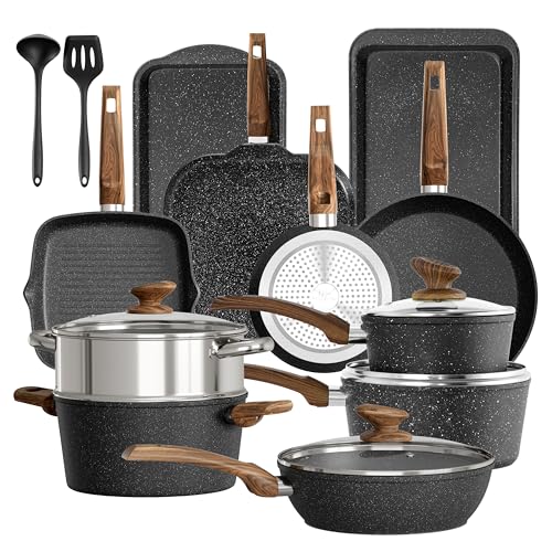 Kitchen Academy Batterie de cuisine à induction 17 pièces avec couvercles en verre et revêtement en granit avec poêles et casseroles (noir, 17 pièces)