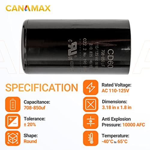 Canamax 708-850 Mfd Uf 50/60 Hz 110-125 Vac Volts Round Start Capacitor - Replacement For Ac Motor Run Or Fan Start And Cool Or Heat Pump Air Conditioner - Replaces 11028 11928 Pmj708 Pmj708A #TOP2