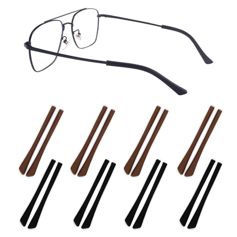 Gdnmpat Eyeglass Temple End Tips Anti-Slip Soft Silicone Tube Holder Glasses Retainers Replacement Temple Tips for Flat Thin Metal Slim Eyeglass Legs(8 Pairs Black/Brown)