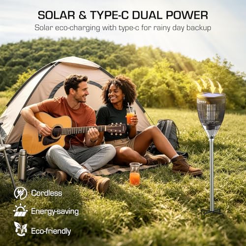 Image of Solar Bug Zapper Outdoor, Mosquito Zapper with Flame & Projector Light | Auto On /Off, Waterproof Cordless Mosquito Trap Solar Powered, 4200V Electric Fly Zapper Killer for Patio Yard Camping Garden
