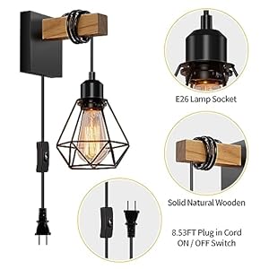 Industrial Plug in Wall Sconces Set of Two Sconces Lighting with OnOff Switch Rustic Indoor Vintage Bedside Cage Lighting for Stairway Bathroom Entryway Living Room BedroomSquare Base