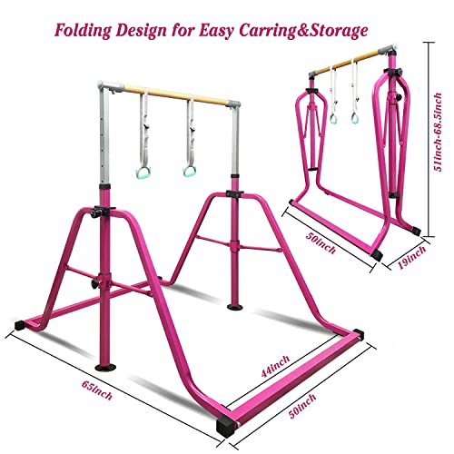 Glant Gymnastics Bar For Kids With Rings Set, 7 Heights Adjustable Easy Folding Gymnastic Training Bar Kids Monkey Horizontal Bars - Max Load 300Lbs (Pink) #TOP4