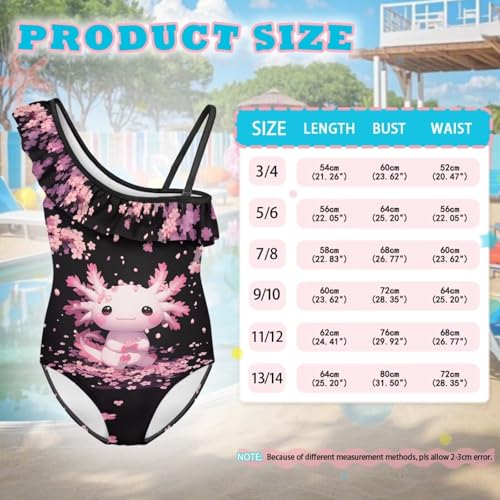 Image of WELLFLYHOM Axolotl Girls One Piece Swimsuits 3-14 Ruffle One Shoulder Bathing Suits Full Coverage Beachwear