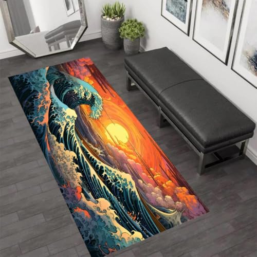 Alfombra pasillo larga lavable y de pelo corto con diseño de olas 2