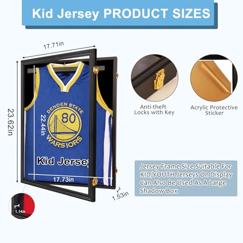 Image of Jinchuan Jersey Frame Display Case Large Frames Shadow Box Lockable with UV Protection for Baseball Basketball Football Soccer Hockey Sport Shirt Black