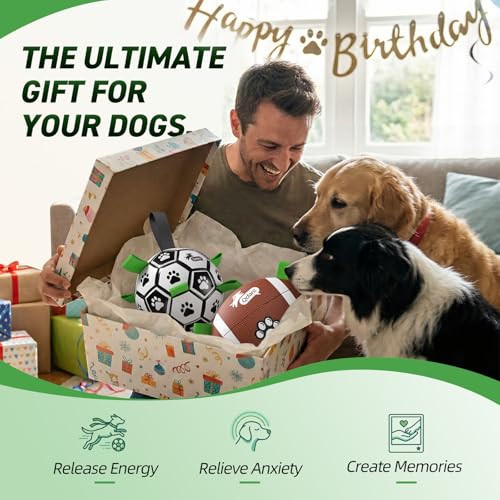 Image of QDAN Dog Soccer Ball Football Set - 2 PCS Dog Balls with Strap for Tug of War, Soccer Ball Football Toys for Small Medium Large Dogs, Herding Ball for Dogs, Dog Birthday Toy