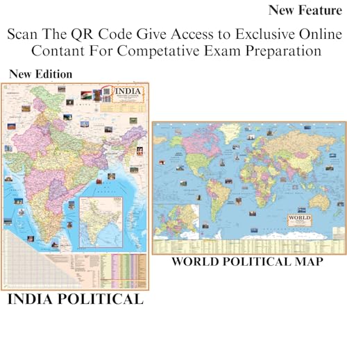 Image of Pack of 4 India Political, India Physical, World Political & World Physical Map in English, Size 28x40 inch (70x100 cm), 90 GSM Paper with Bright & Colorful Print, Includes QR Code for Digital Learning, Ideal for UPSC, IAS, IPS, Schools, Colleges, Students & Teachers.