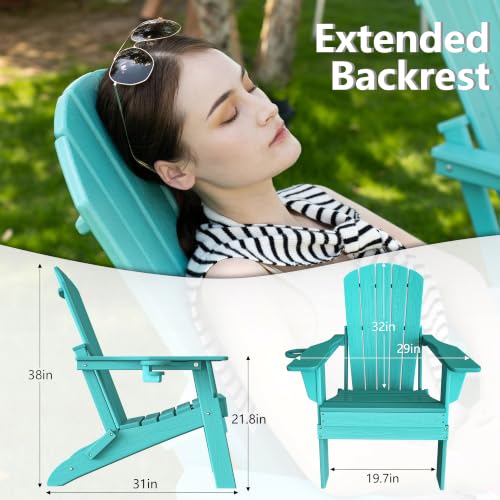 Image of Plawdlik Folding Adirondack Chair Set of 3, Cup Holder, Aruba Blue | pin-free folding, 38-in tall back, Wood-grain All-weather HDPE; for fire pit, poolside, deck, backyard, patio