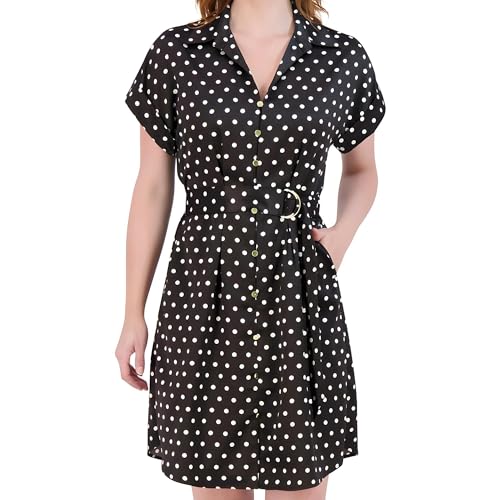 French Connection Women's Satin Belted Shirt Dress – Knee Length, Short Sleeve, Button-Down - Casual Style for Everyday Wear, Black, XL