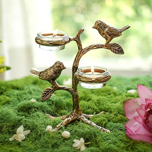 Image of BEHOMA Metal Romantic Love Birds Tree Candle Holder | Blessing Birds Tea Light Centerpiece for Home Decor & Living Room | Couple Gift for Valentine's Day, Wedding, Anniversary & Housewarming - Gold