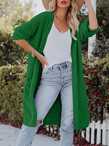 Anrabess Women's Casual Long Sleeve Open Front Fuzzy Knit Cardigans Plush Sweater Coat With Pockets 574Senlinlv-S Green #TOP5