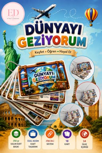Dünyayı Geziyorum Eğitim Kartları, 34 Ülke, 18 Kart, Zincirli Sistem, Özel Kesim Kart Seti
