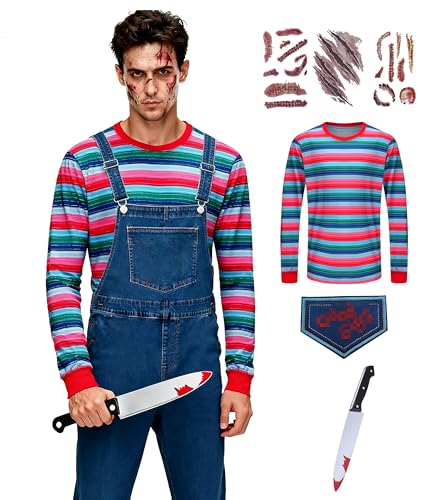 Tuoweey Halloween-Kostüm für Herren, Horror, Regenbogen-gestreift, lässig, langärmelig, Oberteil, Gestreift, L