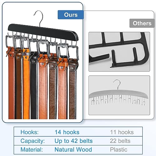Belt Hanger for Closet Max 42 Belts, Sturdy Wood Belt Rack Closet Accessories with 14 Hooks Belt Organizer for Closet Organizers and Storage -Black 1 Pack