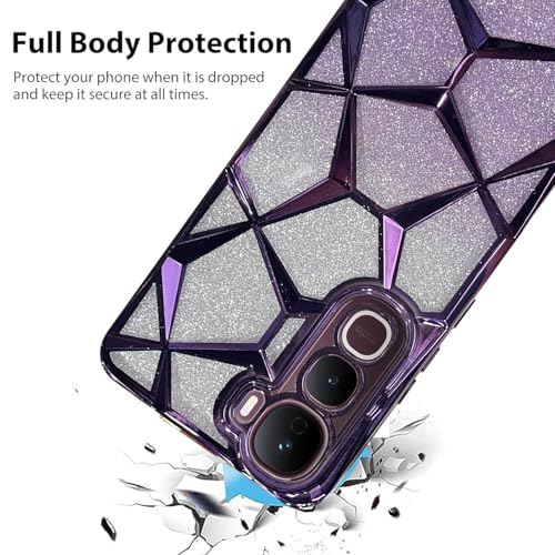 Image of VONZEE Gradient Glitter Case for VIVO Y400, Luxury Electroplated 3D Cube, Diamond Bling Shiny Soft TPU Clear Shockproof Women Girls Protective Phone Cover (Deep Purple)