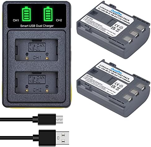 DuraPro 2Pcs NB-2L NB-2LH Battery + Dual USB Charger Replacement for Canon EOS 350D 400D MD265 MV960 PowerShot G7 G9 S70 S80 ZR950 ZR960 HG10 HV40 Cameras