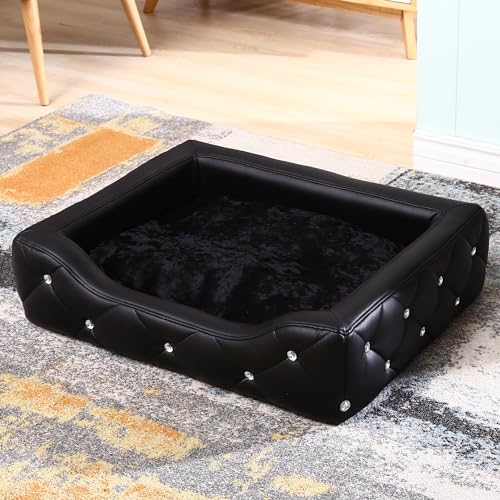 DaMi Luxus Hundebett I Premium Hundeschlafplatz mit großen Strasssteinen, Hundekissen Hundematratze Dogbed waschbar, Hundezubehör Hunde Dog Bett Matratze Körbchen, 18x58x46 cm Rechteckig Schwarz