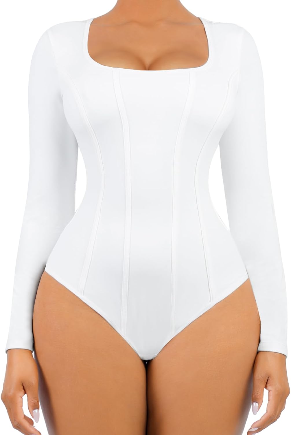 FeelinGirl Seamless Tummy Control Bodysuit Thong Basic Square Neck Slimming Tops for Women Shaping Thong