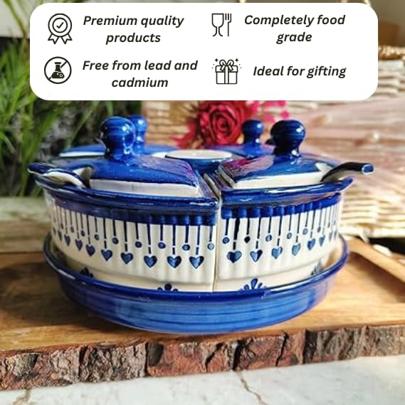 Image of Niyara Multipurpose Storage Ceramic Pickle set Jars with Lid & tray & spoon & Salt Dispenser (Set of 5, 300 ML) (Blue Jhalar)