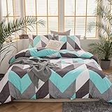Bedbay Teal Comforter Queen Size Turquoise Teal Queen Bed Set Geometric Chevron Teal and Grey Bedding Set Western Comforter 3 Pcs Lightweight Down Alternative Comforter for Girls Teen Men Women