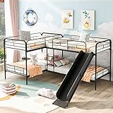 Quad Bunk Beds with Slide L-Shape Bunk Bed for 4 Twin Over Twin Metal Bunked Frame for Kids Boys Girls Teens, Black