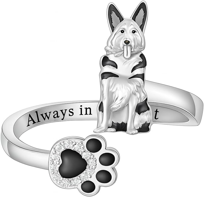 SUPAC German Shepherd, Yorkie, Pug Dog Paw Adjustable Ring, Sterling Silver, Paw Print Design with Crystal Accents - Christmas, Birthday, or Party Ring