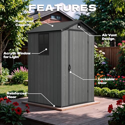 Image of Devoko 4x4 FT Storage Shed with Floor, Plastic Outdoor Garden Shed with Windows for Patio Backyard Lawn, Dark Gray