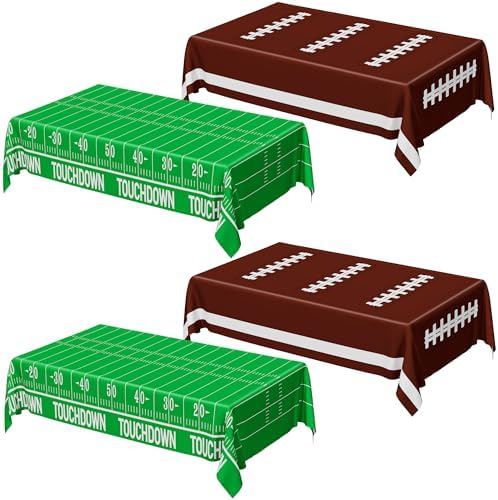 QZYL Football Party Supplies, Disposable Football Tablecloth, 4 PCS Table Cloth with 2 Styles, Touchdown Theme Tablecloths, Plastic Table Runner for Game Day Party Decorations