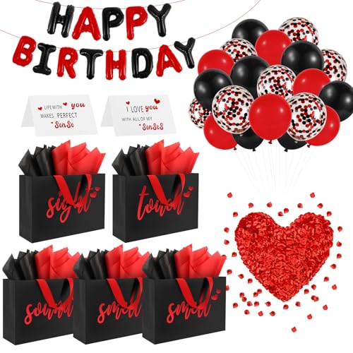 Addblu 5 Senses Gift Bags for Him with Labels Tissue Paper And Handles 12.6X8.7X4 Includes Birthday Decoration Banner Balloons Rose Petals & Cards for Him or Her Husband or Boyfriend (Black with red lettering)