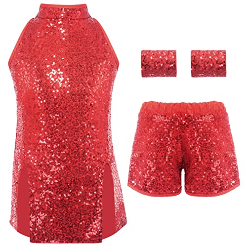 Girls Sparkly Hip Hop Dance Outfit Sleeveless Sequins Cheerleading Uniform Costume Modern Dancing Sports Tops Shorts Uniform For Kids Red #TOP1