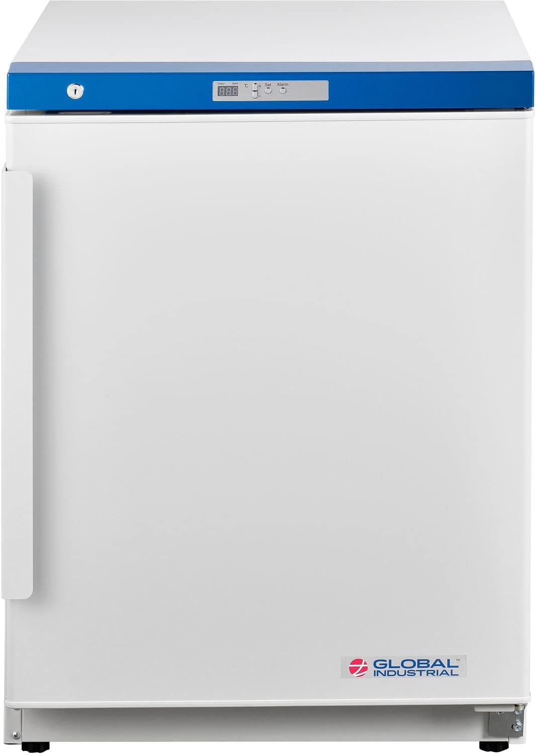 Close-up of the control panel and key lock on the Global Industrial Undercounter Laboratory Freezer.