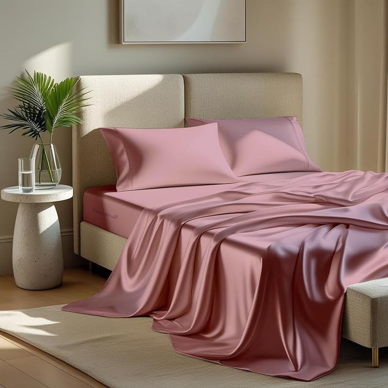 Image of Premium Satin King Size (92x106 Inchs) with 2 Pillow Cover Bedsheet Ultra Soft & Silky Smooth, Breathable Cooling Fabric, Luxury Glossy Finish|Light Mauve