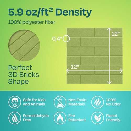 Image of Acoustic Wall Panels 18-Pack, 12 inchx12 inchx0.4 inch Decorative Self-Adhesive Sound Proofing | High Density 3D Brick Soundproof Absorbing Tiles for Walls, Home, Office & Studio - Gin Green