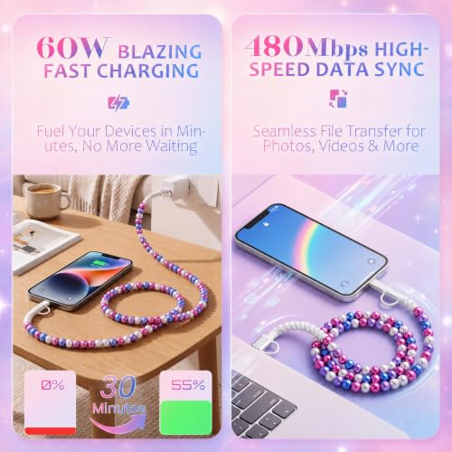 Image of 4-in-1 Beaded Charging Cable, MFi Certified, Works with CarPlay, 3.3FT 60W Fast Charger Cord for iPhone 17 /16 /15 /14 /13 /12 /11, iPad, Samsung, Android and More (Berry Galaxy)