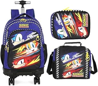 Kit Mochila Rodinha Sonic Lancheira Estojo Box 2026 Azul