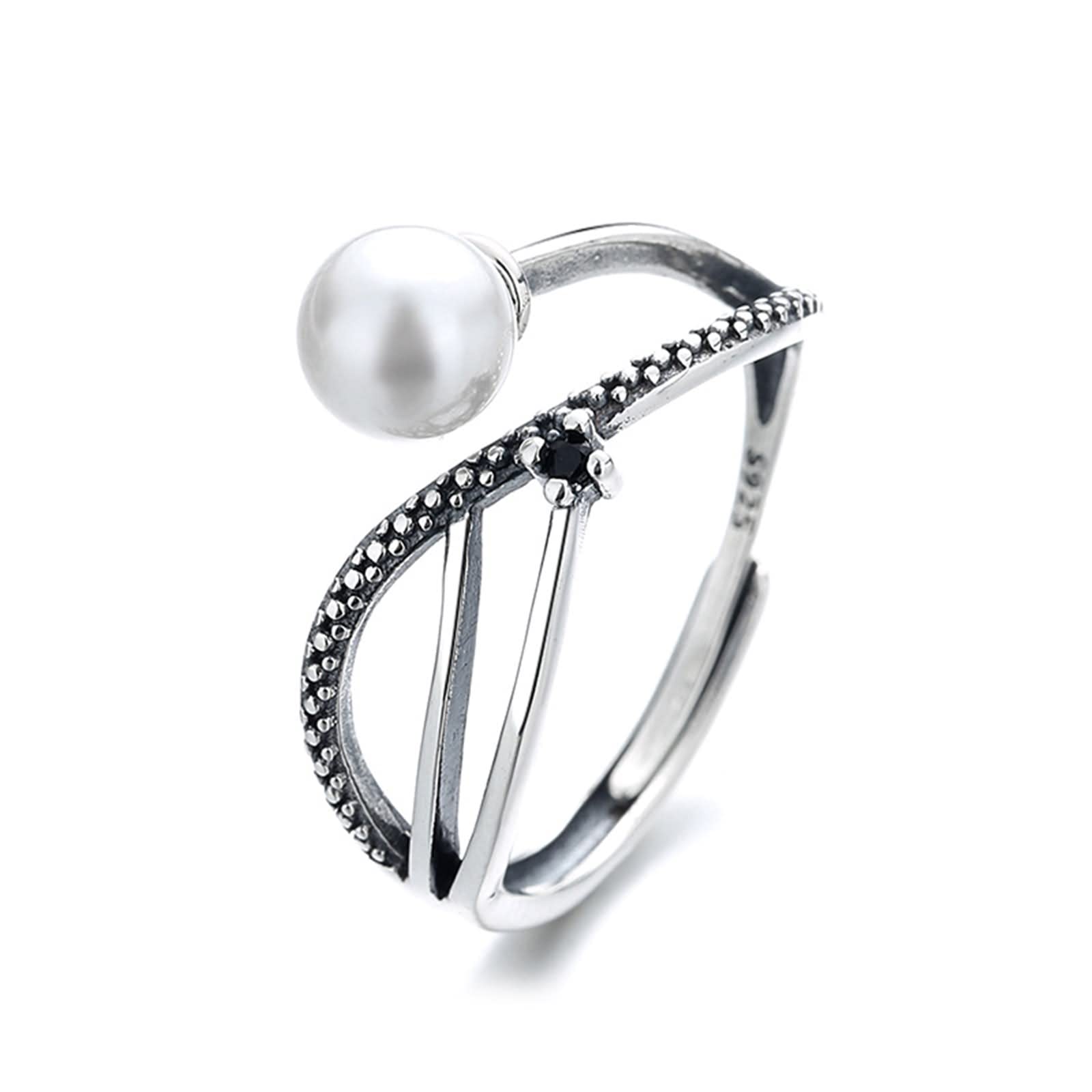 Anello di Fidanzamento in Argento Sterling, Anelli per Gioielli da Donna FEDI Nuziali in Filato Intrecciato Multistrato con Perle di zirconi Neri Misura Regolabile
