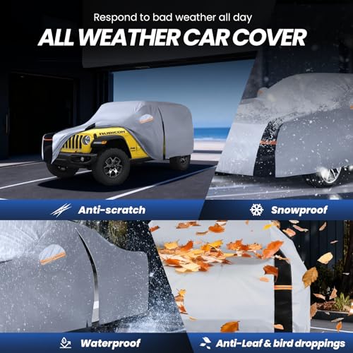 Image of Multi-Layer Car Cover Custom Fit for Jeep Wrangler 2 Door CJ YJ JK JL(1987-2026), 100% Waterproof All Weather for Automobiles, Gift with Towel, Heavy Duty Car Covers for Rain Sun UV Protection.