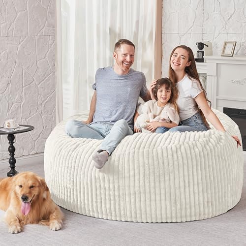 Image of HABUTWAY 5FT Bean Bag Chair, 5' Large Bean Bag Chairs for Adults with Removable Stripe Plush Cover, Memory Foam Beanbag Chair for Living Room Bedroom Dorm (White)