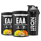 EAA Zero Bundle von IRON BROTHERS – 1kg (2x 500g Dosen Paket) essentielle Intra Workout Aminosäuren Pulver, eaas mit Mango Maracuja Geschmack, Zuckerfrei, Halal & Vegan + Gratis Shaker