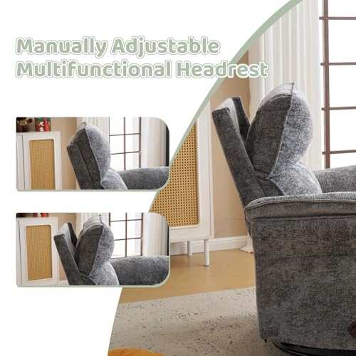 Image of Swivel Rocker Recliner with Adjustable Headrest,Upholstered Glider Rocker Recliner with Overstuffed Armrest,Manual Recliner Nursery Chair for Living Room,Grey