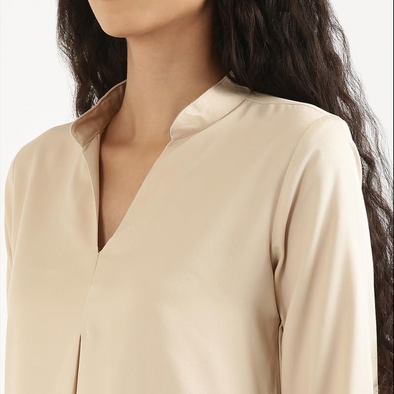 Image of SAADAA Top for Women, Viscose Pleated Tops, V-Neck with a Collar, 3 /4 Sleeve Length, Office & Casual Wear
