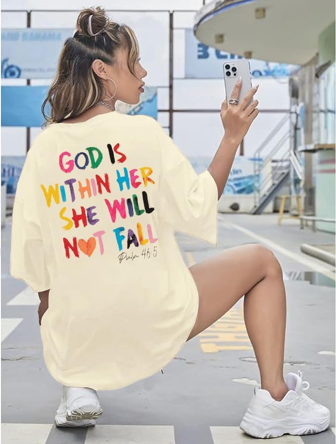 Oversized Christian Shirts for Women God is Within Her T Shirt Casual Christians Inspirational Tee Tops - Image 5